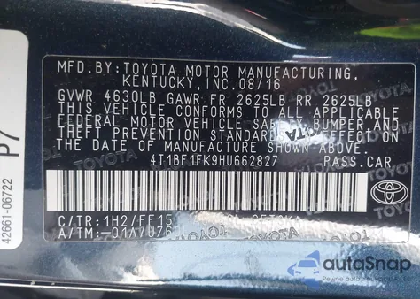 2017 Toyota Camry Se z USA, uszkodzony, nr VIN 4T1BF1FK9HU662827